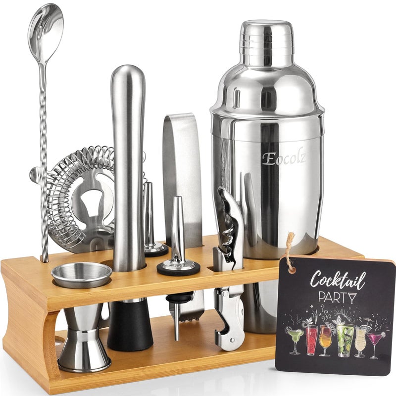Eocolz Bartender Kit Cocktail Shaker Set with Stand Bar Tool Bar Set for Drink Mixing Home Bartending Kit 11-Piece Bar Cart Accessories: Martini Shaker, Mixer Spoon, Jigger, Muddler, Strainer & Recipes Gifts - Image 1